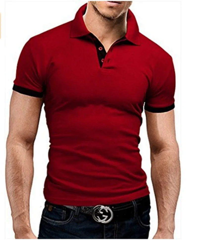 Мужские топы, летняя рубашка поло с коротким рукавом, мужская повседневная облегающая дышащая однотонная деловая рубашка поло с отложным воротником, 5XL 115 - Цвет: ZT115Wine Red Black