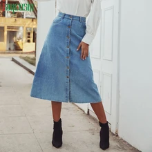 Винтажная джинсовая юбка, женская мода, высокая талия, повседневная, синяя, с разрезом, на пуговицах, вечерние, юбка размера плюс, с карманами, свободная, Женская юбка