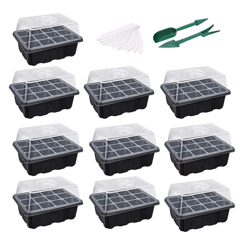 10pcs Seed Starter Tray Kit Garden Nursery Seedling Plant Germination Box Seedling Tray Humidity Adjustable Switch Garden Tools