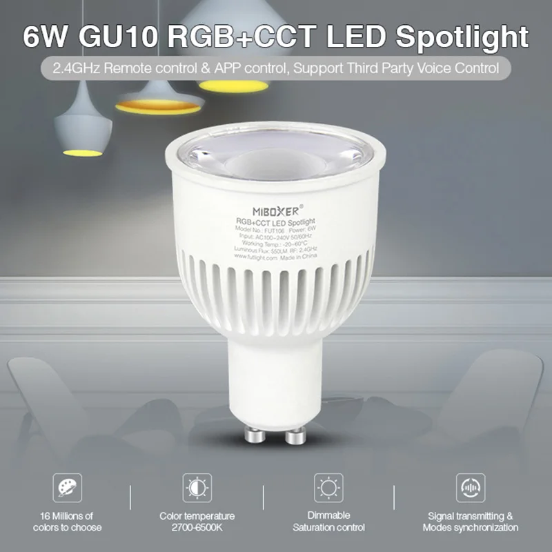 Miboxer FUT106 GU10 6 Вт RGB + CCT Светодиодный прожектор с регулируемой яркостью светодиодная лампа для спальни