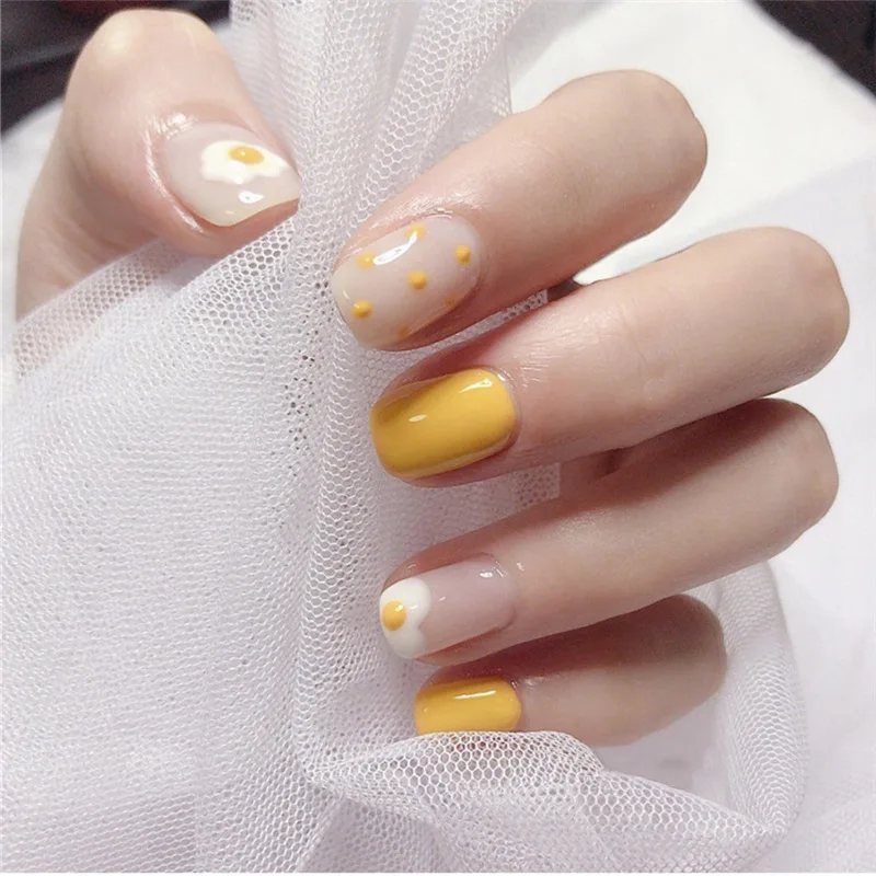 

24pcs/box Cute Fake Nails Overhead with Glue Press on Nails Coffin Yelk Yellow White Color False Nails Short Artifical Nails