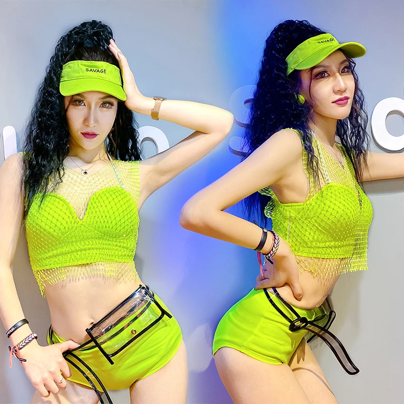 

New Bar DS Costume Female Singer GoGo Show Sexy DJ Nightclub Jazz Dance Costume Green Mesh Vest Bikini 6 Pieces Suit DWY4198