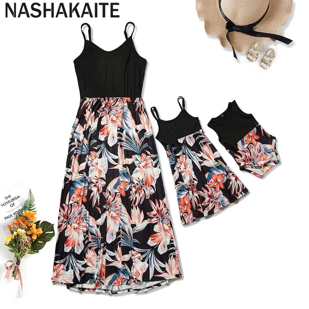 NASHAKAITE Mom and daughter dress Autumn Summer Patchwork Floral Long Dress For Mommy and me clothes Mother daughter clothes