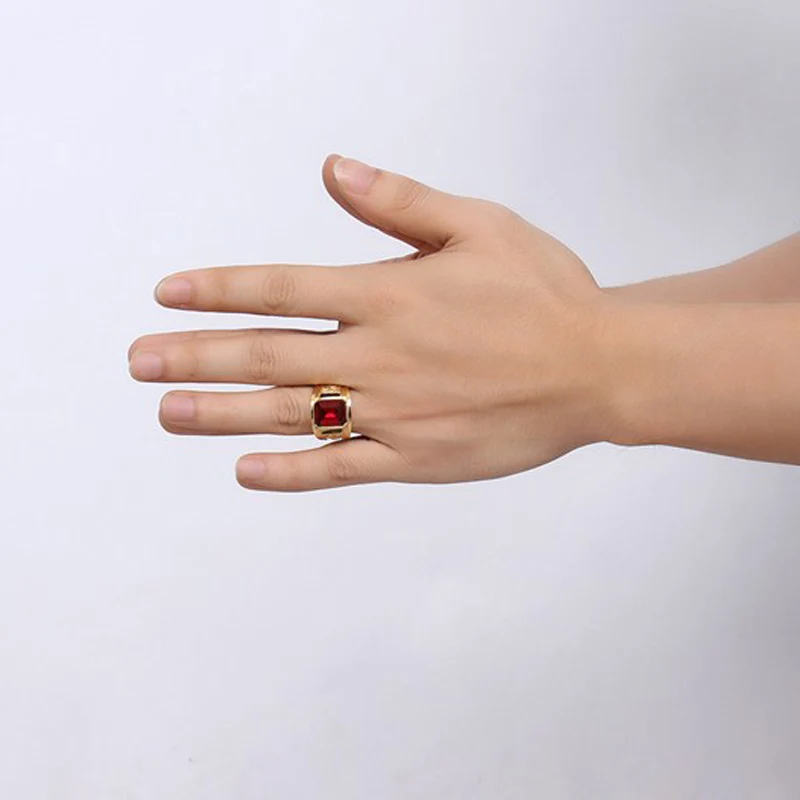 Classic Big Red/Blue Rhinestone Stone Rings For Men Jewelry Gold Color Stainless Steel Party Male Bands