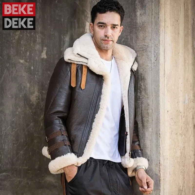 

100% Natural Shearling Jacket Men Thick Warm Wool Lining Overcoat Real Fur Coat Big Size Aviator Military Genuine Leather Jacket