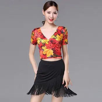 

2020 New Latin Dance Clothes Sets Top+skirt V-neck Two Wear Tassel Suit Performance Clothing Female Leaves Print For Adults