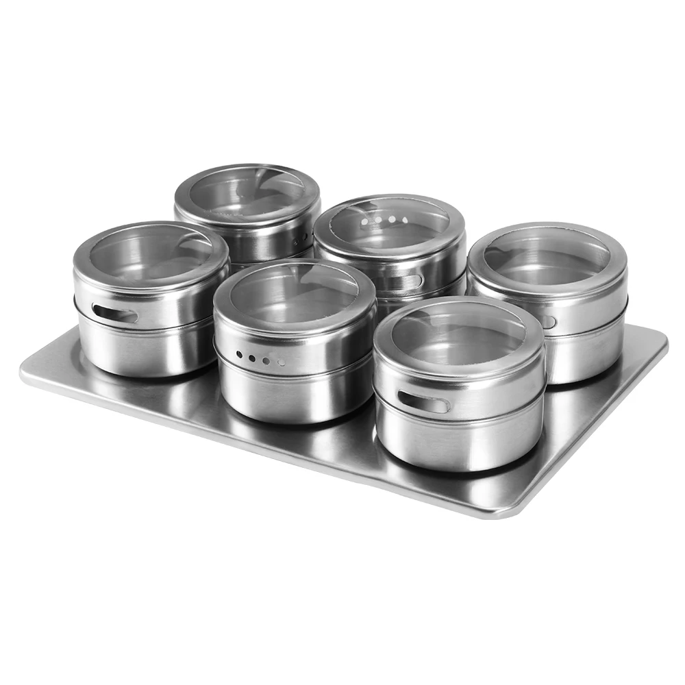 6pcs Seasoning Boxes Magnetic Dustproof Visible Stainless Steel Spice Can Seasoning Pot Outdoor Barbecue Cruet