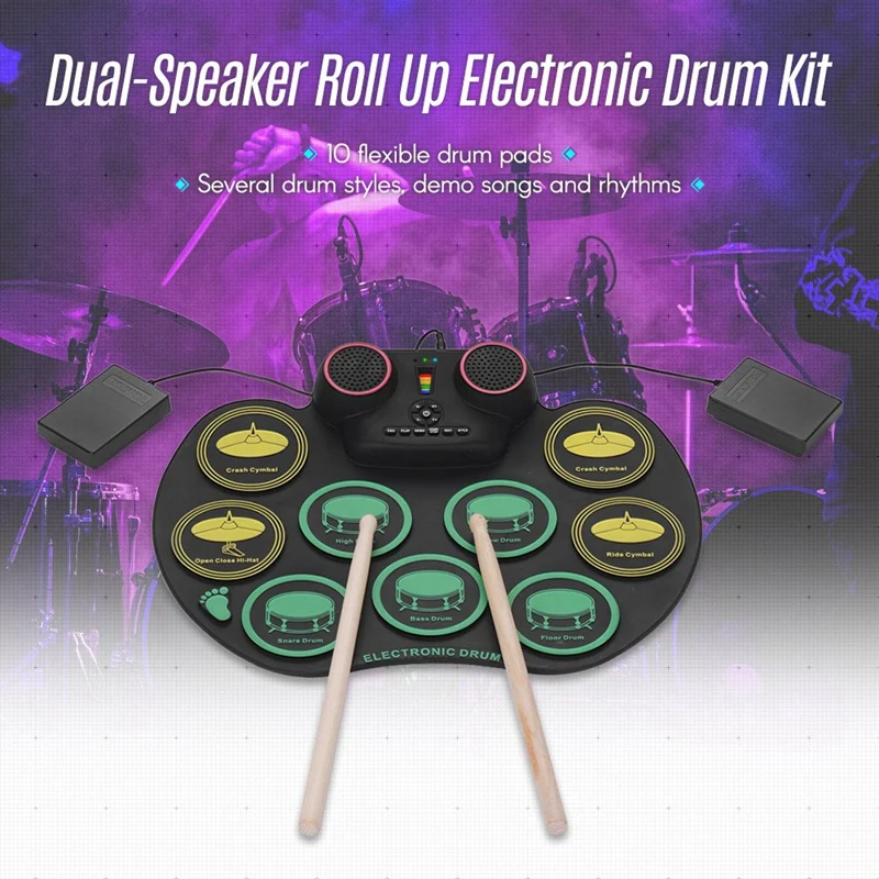 BMDT-Digital ролл-ап барабанная накладка силиконовая электронная барабанная установка практика 10 барабанных дисков встроенные двойные динамики с палками и ножками Pe