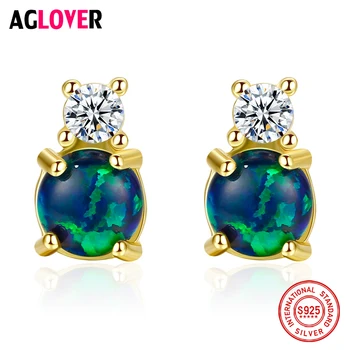 

AGLOVER Fashion New 925 Sterling Silver Opal Earrings Green Round Opal Inlaid Zircon Earrings For Woman Charm Jewelry Gift
