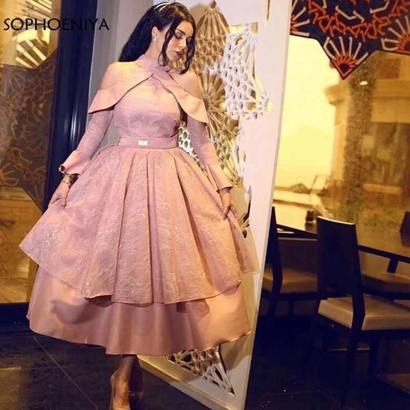 

New Arrival High Neck A-Line Short evening dresses 2020 vestido Dubai Muslim evening dress Robe de soiree Evening gowns