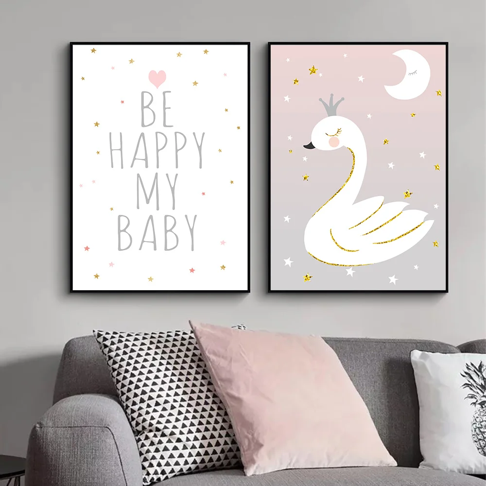 

Quotes Art Poster Swan Wall Art Canvas Painting Nursery Pink Print Painting Cartoon Wall Pictures For Baby Girl Room Home Decor