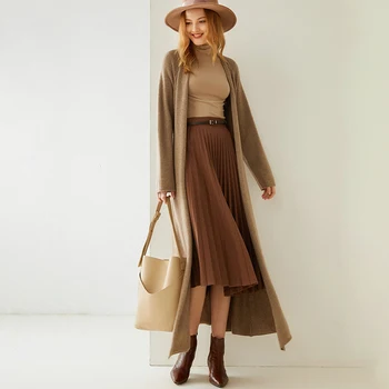 

Spring/Autumn 2020 New 100% Cashmere Women V-neck Cardigan Extra Long Knee Open Split Belt Belt Unbuttoned Knit Cardigan Women