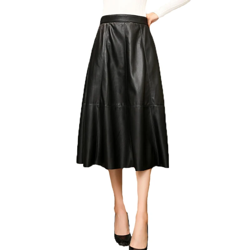 

2019 new autumn and winter sheep leather skirt High Waist Solid Large Size a-line Leather Skirts