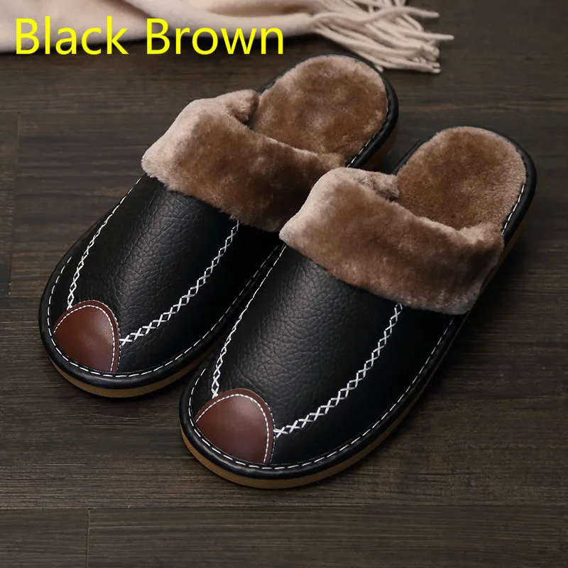 Мужские кожаные тапочки; зимние тапочки из искусственной кожи; теплые домашние тапочки; мягкая Водонепроницаемая домашняя обувь; мужские теплые кожаные Тапочки - Цвет: Black Brown