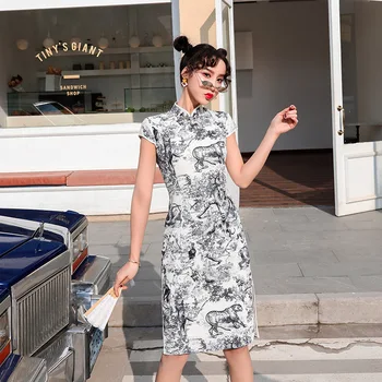 

Elegant Lady Plus Size 3XL Novelty Short Chinese Formal Dress Chinese Style Women Mandarin Collar Qipao Vintage Cotton Cheongsam