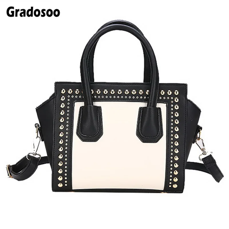 

Gradosoo Rivet Designer Top-handle Bag Women Leather Handbags Panelled Shoulder Bags For Women Famous Brand Messenger Bag HMB650