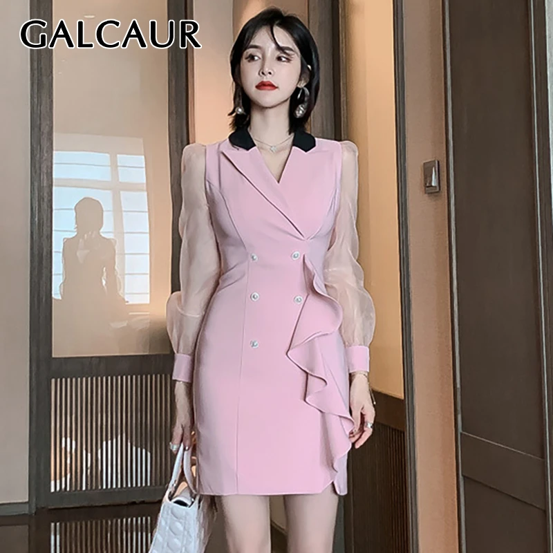 

GALCAUR Patchwork Mesh Hit Color Dresses Female V Neck Lantern Long Sleeve High Waist Ruffles Mini Dress Women Fashion 2019 Tide