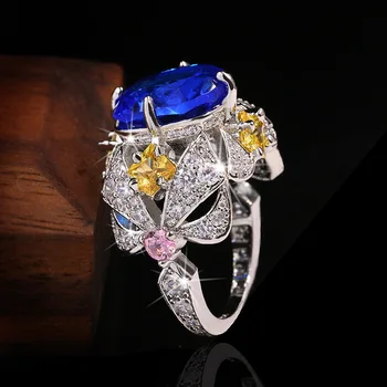 Gioielli vintage Anelli in argento sterling 925 con grande zaffiro di lusso per le donne Anelli eleganti per anniversario di fidanzamento con fiori