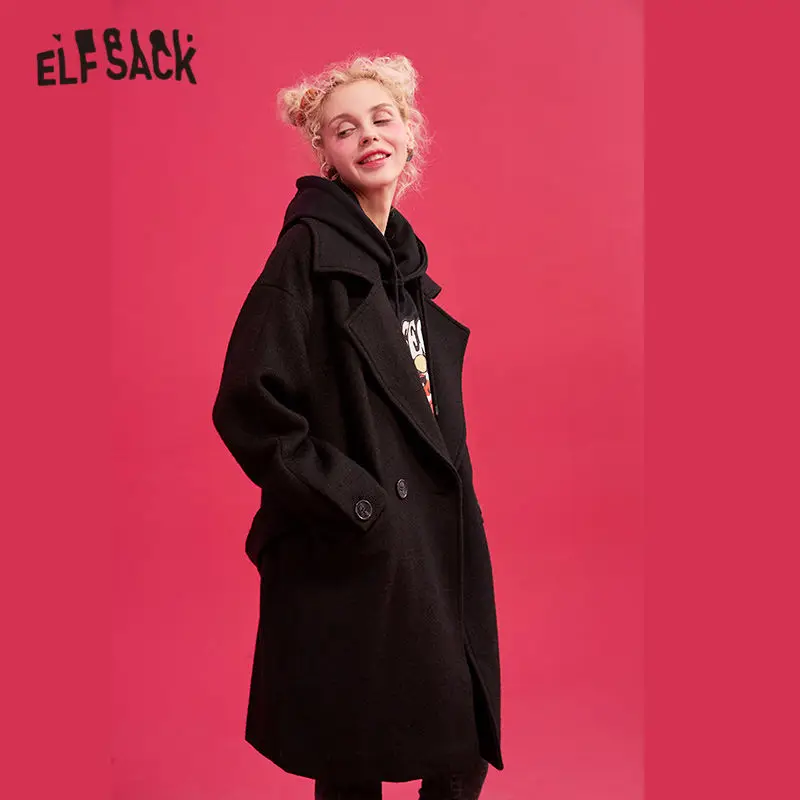 Женское прямое шерстяное пальто ELFSACK черное однотонное двубортное с поясом и