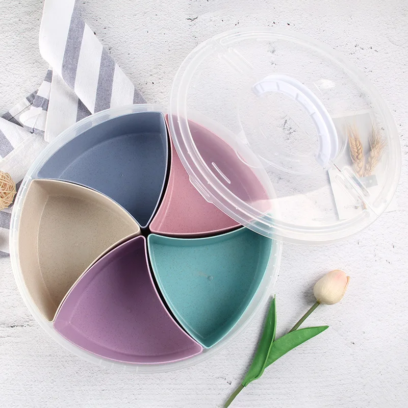 

Heat-Wheat Straw Hand Candy Box Circle Seperated with Lid Snacks Dried Fruit Tray Household Outdoor Storage Box
