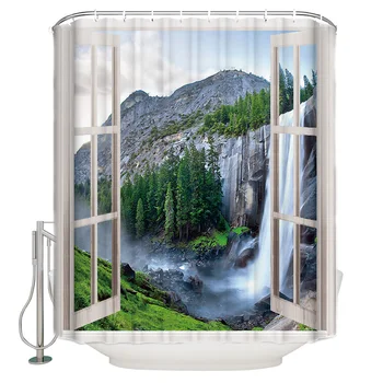 

Creative Window Views Shower Curtain Waterfall On Cliff Waterproof Polyester With 12 Hooks