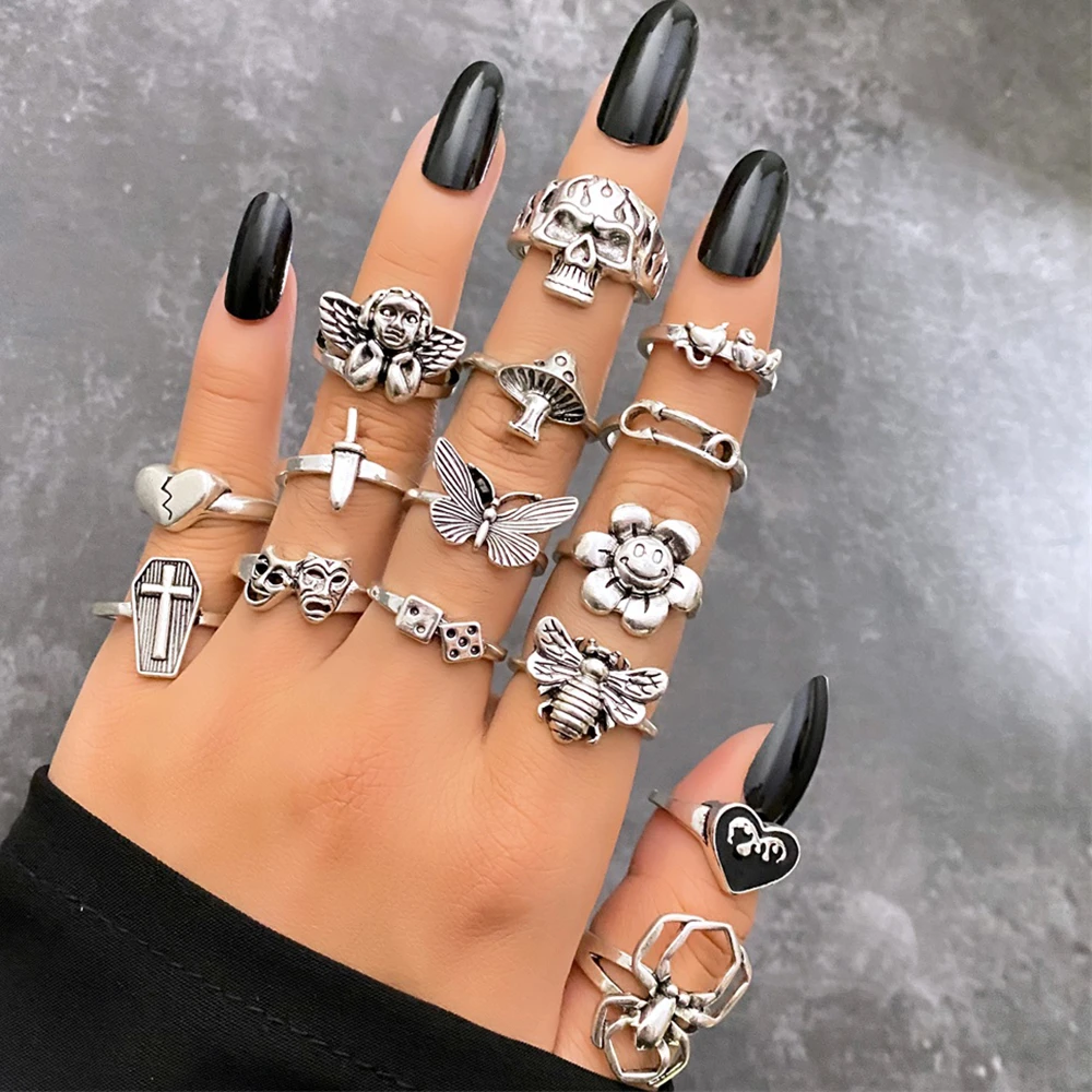 Anillos de Calavera, corazón, flor, Ángel para mujer, Hip plateado, exagerados, joyería al por mayor|Anillos| - AliExpress