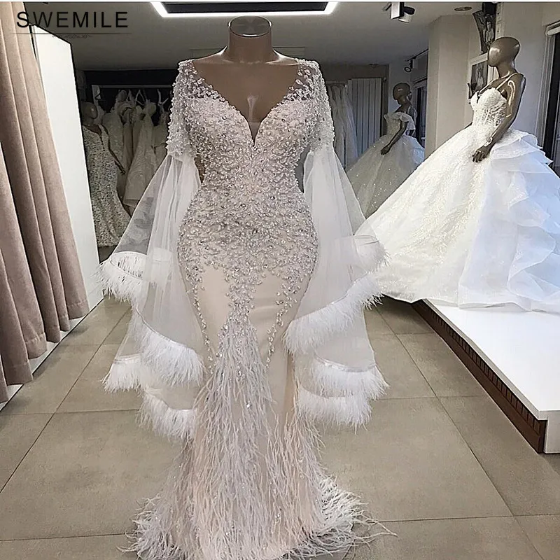 

SWEMILE Luxury Beads Mermaid Evening Dress With Feathers 2019 Sexy V-neck Crystals Evening Party Dresses Robe de Soiree