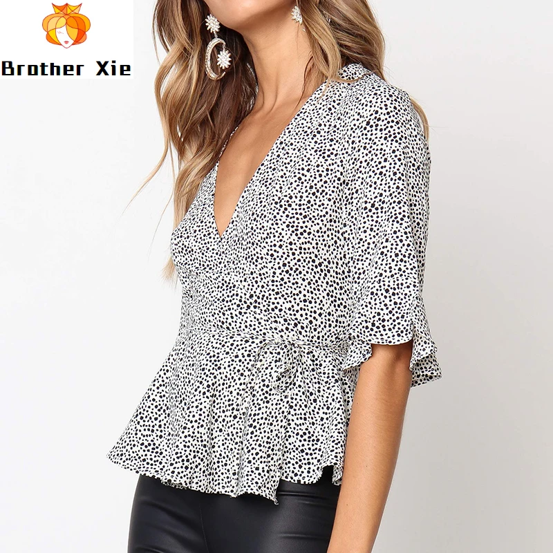 

Women Chic Dot Print Blouse Shirt 2020 Elegant V Neck Casual Blouses Fashion Office Shirts Short Sleeve Sashes Ruffle Tops