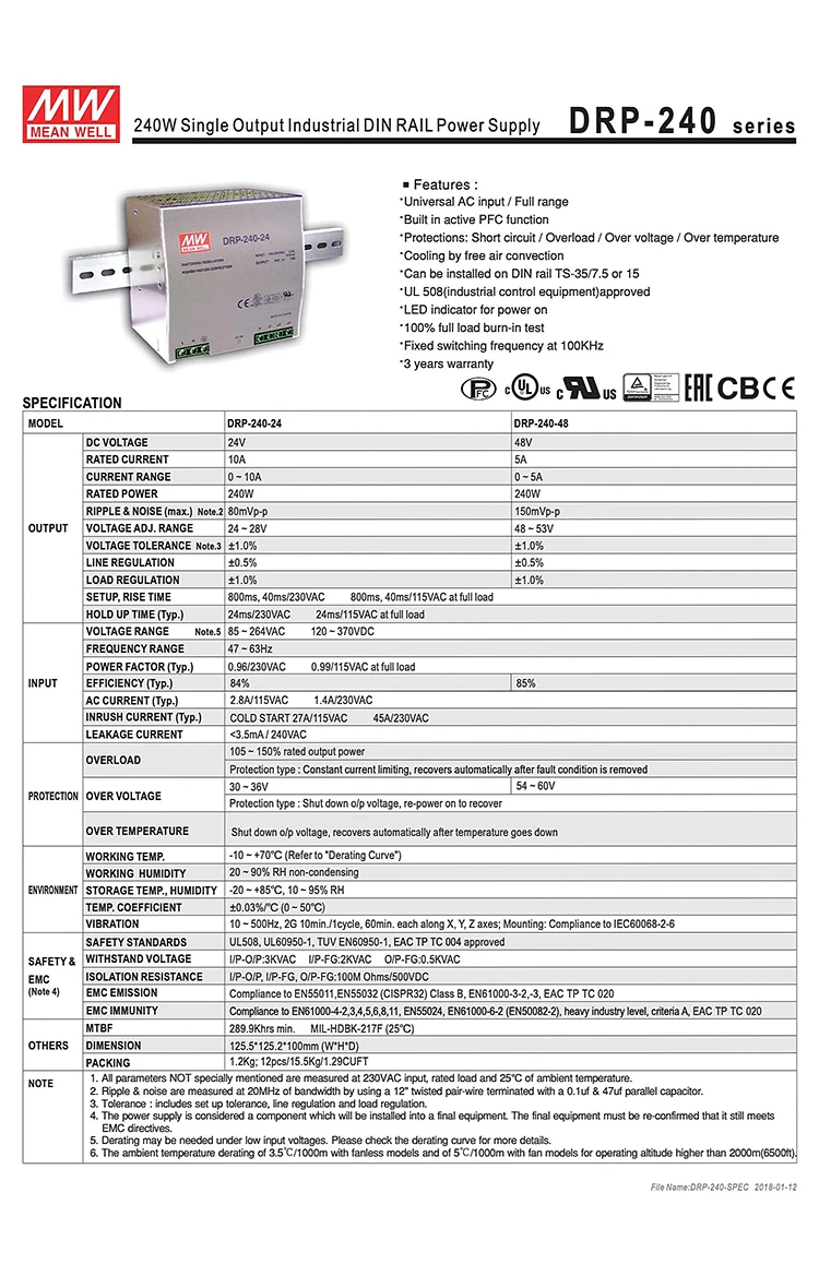MEAN WELL DRP-240-48 240 Вт 48 В din-рейку импульсный источник питания 110 В/220 В AC до 48 В DC 5A блок питания PSU трансформатор PFC