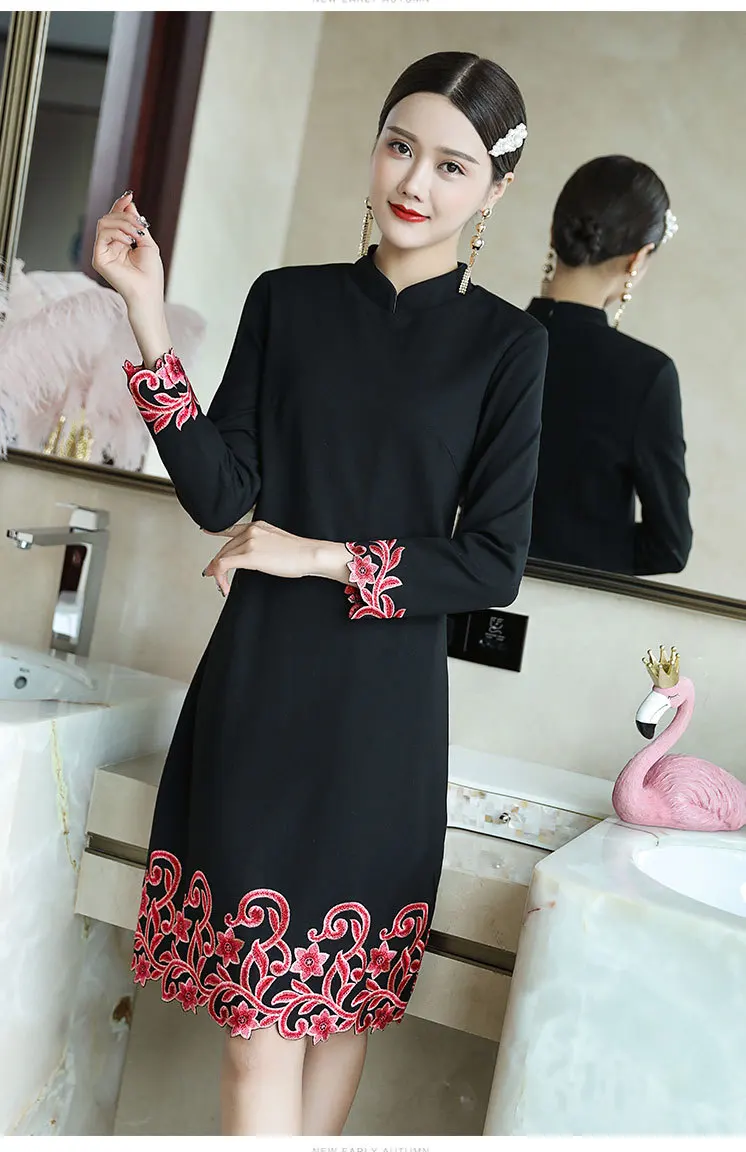 High Quality New Autumn Party Red Black Dress Women Lurex Embroidery Floral 3/4 Sleeve Bodycon Sheath Dress Plus Size XXXXL