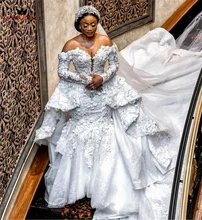 

Luxurious Ruffle Mermaid Wedding Dresses with Detachable Train Tulle Lace Flowers Crystal Beaded Diamond Sexy Custom Made JT05