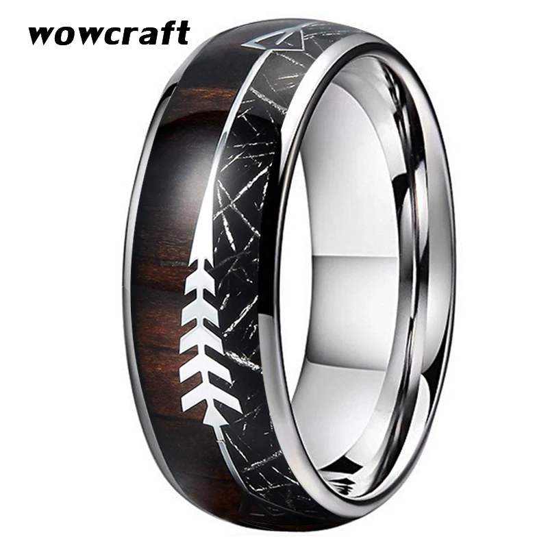 Comprar 8mm anillo de boda Tungstne carburo anillo para hombre mujer plata negro meteorito flecha Koa incrustaciones de madera con cúpula pulido brillante comodidad ajuste