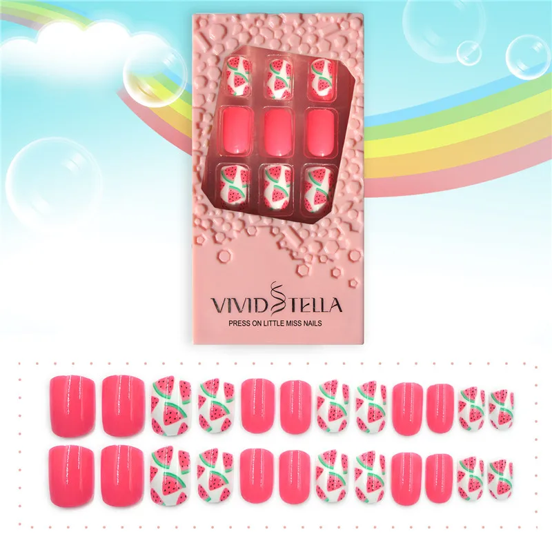 

Press on Watermelon Kids False Nails with Designs in Box Pre-glue Short Fake Nails Art Manicure Beauty Tools
