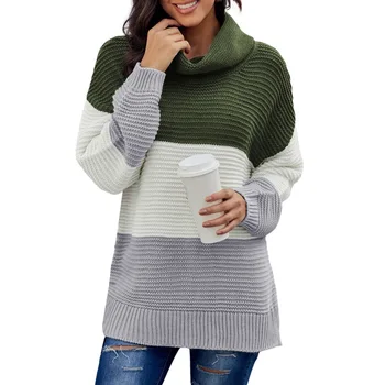 

Woman Sweater Female Fall Winter Fashion Casual Turtleneck Long Sleeve Color Patchwork Soft Comfortable Polyester Pullover Tops