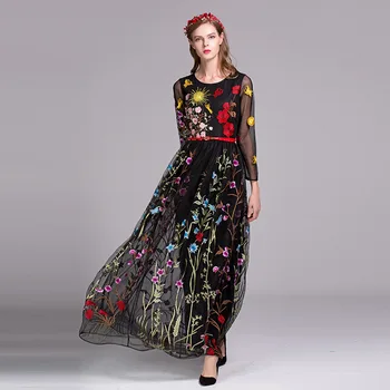 

High Quality Fashion Runway Designer Maxi Dress Women's Elegant Party Long Sleeve Gorgeous Floral Embroidery Mesh Long Dress