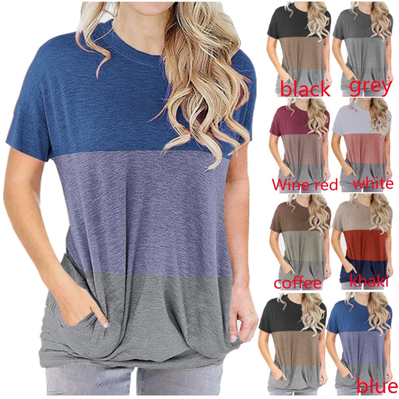 2021 nova primavera e verão europeu e americano feminino cor correspondência em torno do pescoço solto bat manga curta bolso camiseta