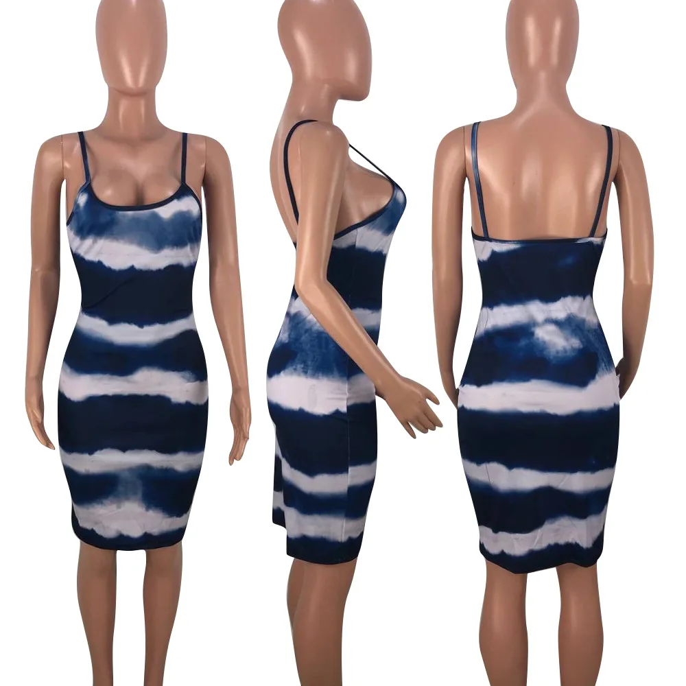 women summer spaghetti strap sleeveless open back knee length tie dyed midi dress beach sexy bodycon dresses 2 color DK8030