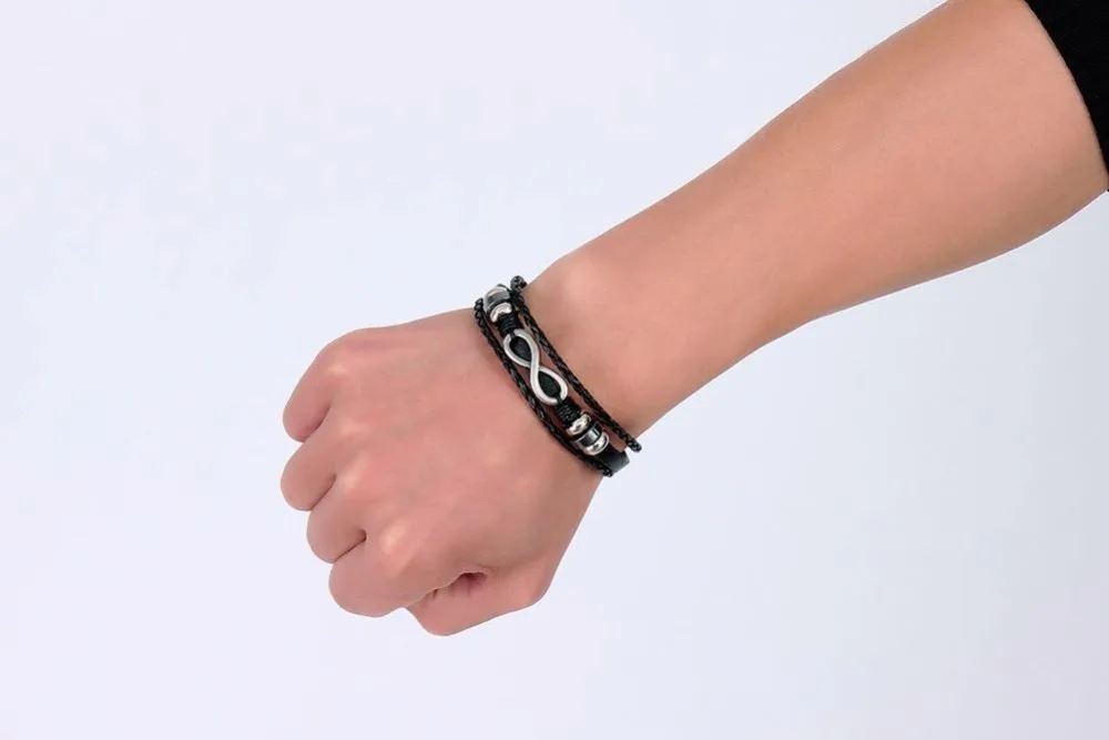 Mens Womens Bracelets Multistrand Leather Braided Rope Bracelet Infinity & Hematite Beaded Men Jewerly Wristband Wraps Bangle Vintage Jewelry Accessories Pulseira Masculina 11