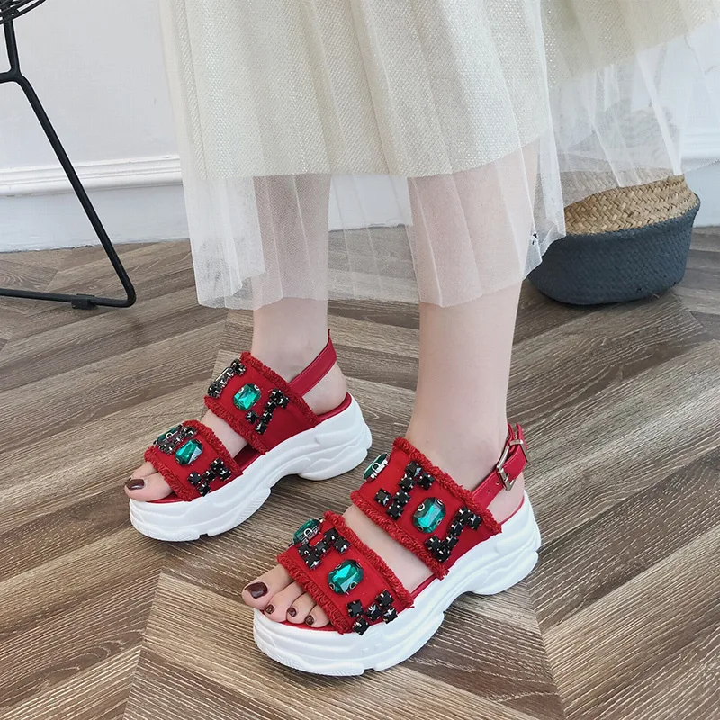 

2019 Spring And Summer Platform Heel after Buckle Casual Sandals Women's Gemstone Cloth Peep-Toe Extra High Trend WOMEN'S Shoes