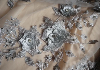 

silver gray 3D flowers lace fabric by yard 3D beaded lace applique mesh embroidered floral lace fabric for bridal wedding fabric