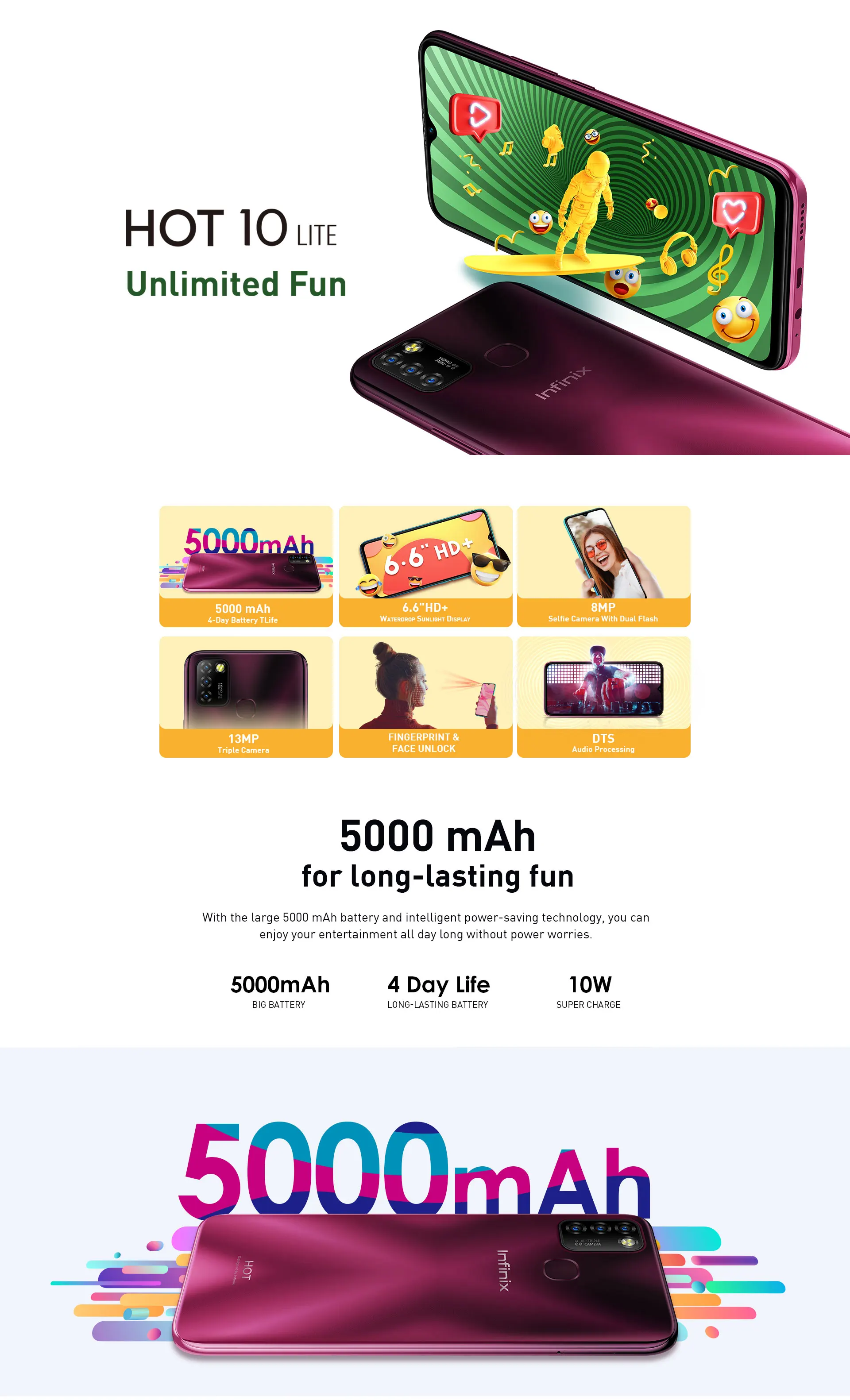 Infinix Hot 10 Lite Global Version 2GB 32GB Mobile Phone 6.6''HD 1600*720P 5000mAh 13MP Camera Helio A20 Quad Core الهاتف الخلوي infinix new cell phone