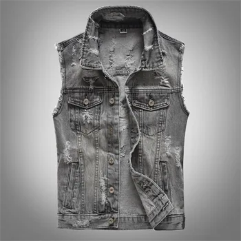 

Spring Autumn Vintage Design Mens Gray Denim Vest Male Retor Sleeveless Jackets Men Ripped Hole Jean Waistcoats Clothing M-5XL
