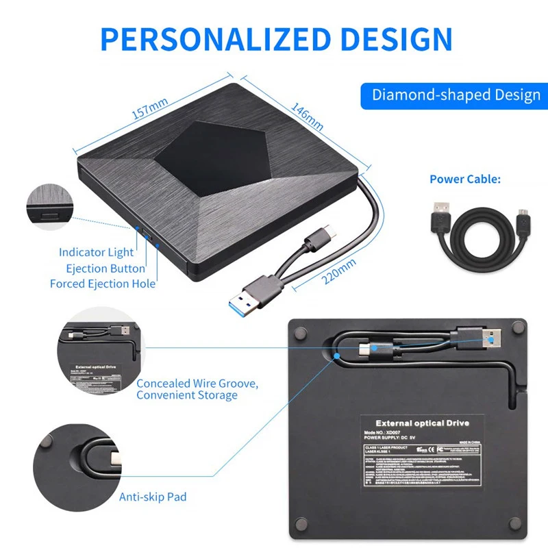 USB 3.0 type C External DVD RW Burner Recorder Drive Optical CD DVD ROM Player for Laptops Desktop+Carrying DVD Drive Case