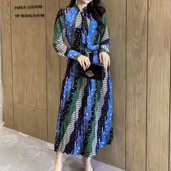

Retro Style Boho Print Long-Sleeved Belt Bow Tie Elegant Temperament Slim Pleated Dress Spring And Summer New Women'S Clothing