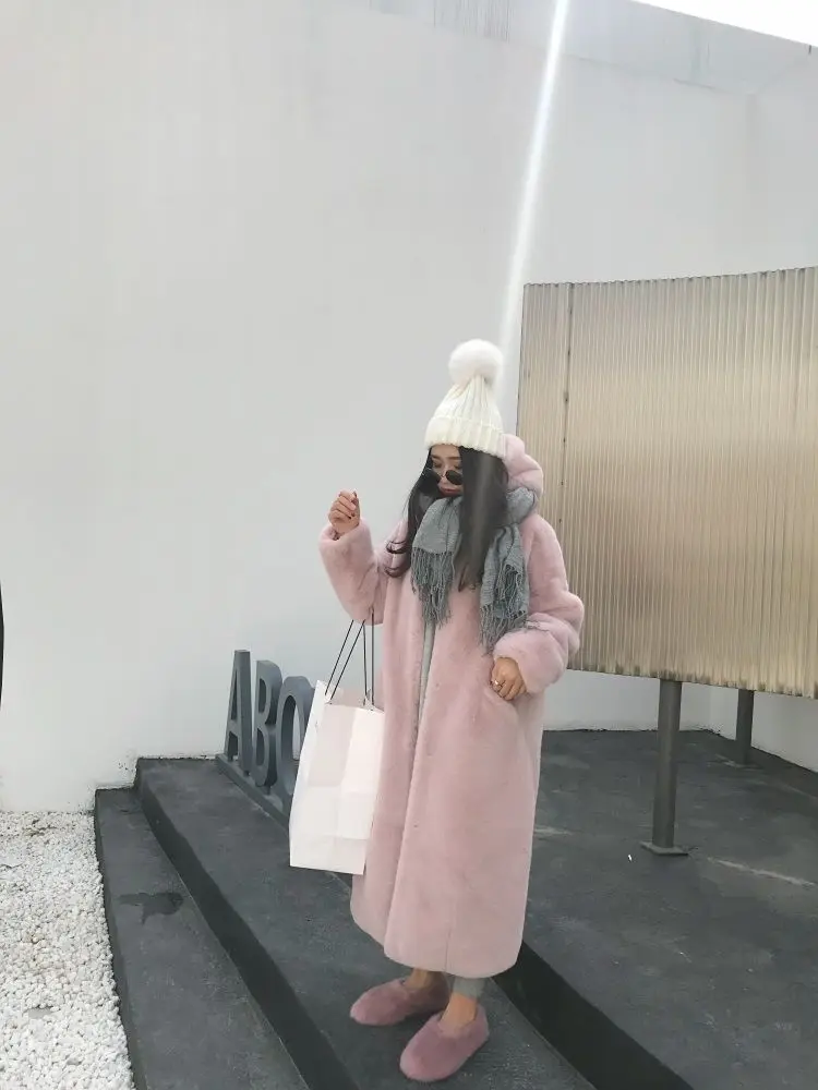 Зимнее пальто из искусственного меха норки женское длинное розовое пальто Новое Женское толстое теплое пальто с капюшоном Женская свободная плюшевая негабаритная YL364