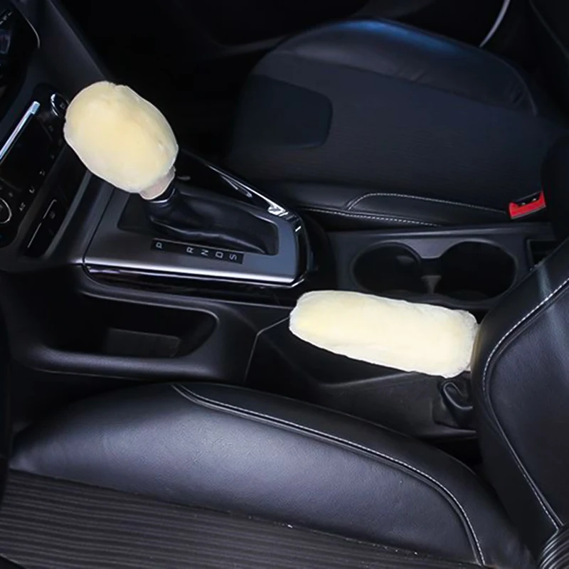 Synthetic Wool Plush Cover Handbrake Gear Suit Winter Warm Set For Universal Car Automobiles Accessories