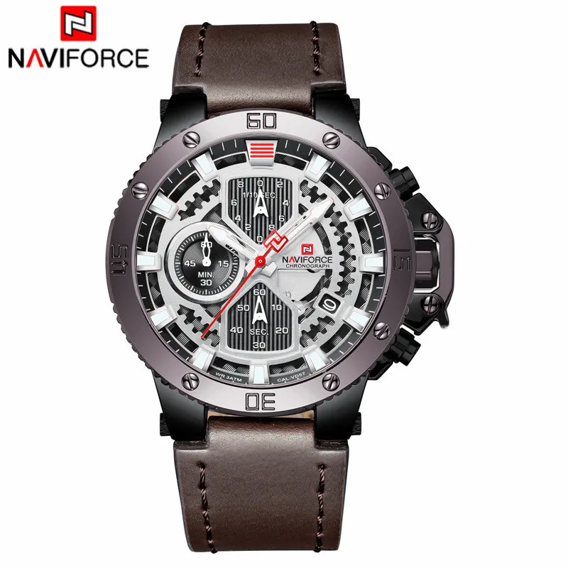Black White NAVIFORCE, мужские часы с кожаным хронографом, кварцевые мужские часы, люксовый бренд, водонепроницаемые спортивные часы, мужские часы - Цвет: Black White