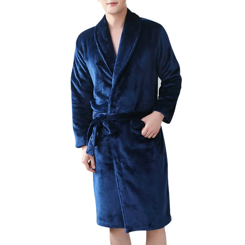Мужское повседневное кимоно, халат, Осень-зима, фланелевый длинный халат, Толстая теплая одежда для сна, один размер, ночная рубашка, мужская повседневная домашняя одежда