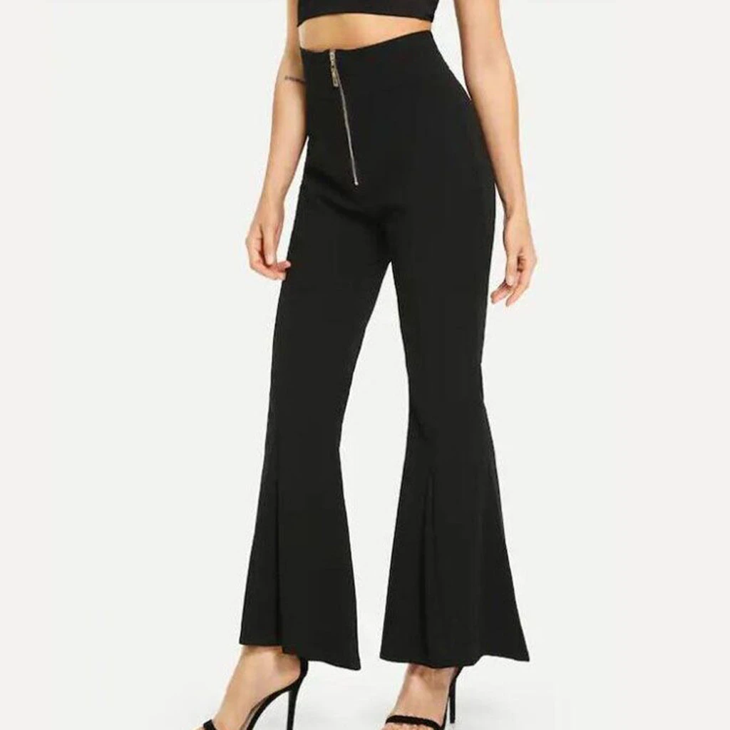 Women Autumn Easy Regular Trousers Flare High Waist Hippie Slim Zipper Pants Female Flare Palazzo Fashion Streetwear 808