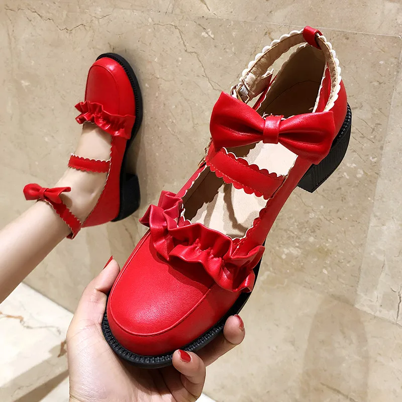 

Summer Korean Japanese Princess Cosplay Party Lolita Ladies Shoes Bowtie Ruffles Sweet Chunky Heel Pumps Mary Jane Shoe